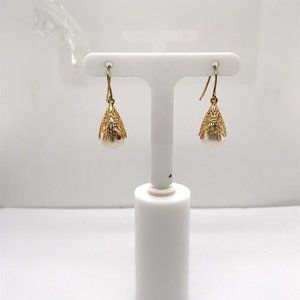 14K Yellow Gold Tear Drop Pearl Filigree Dangle Earrings